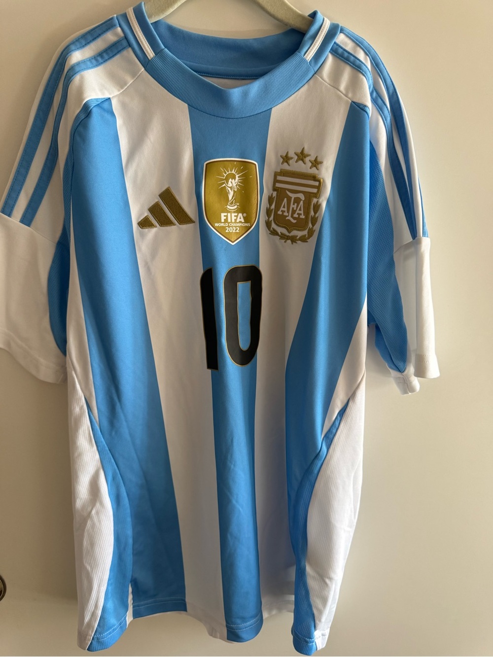 Messi adidas Blue and White Argentina Soccer Jersey with Gold Accents - #10